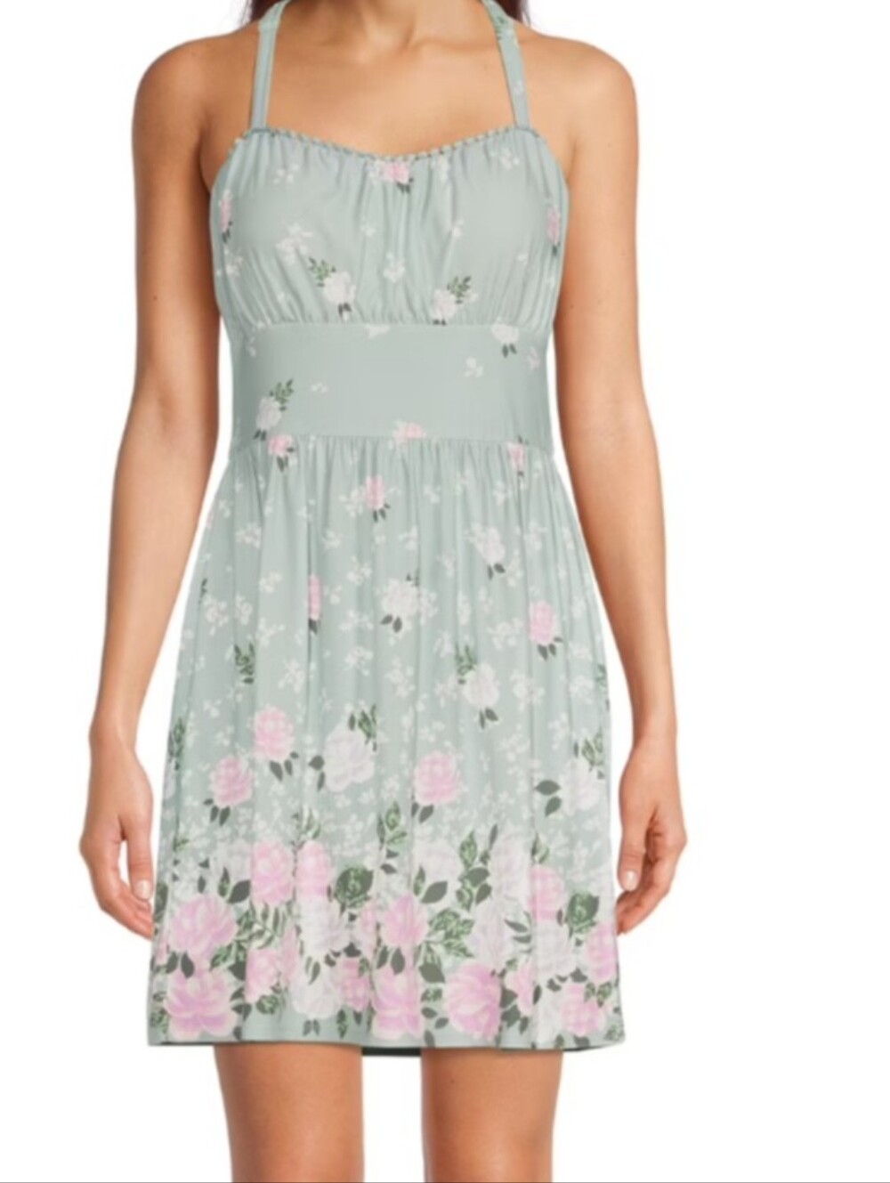 No Boundaries Sage Floral Halter Mini Dress with Pink Roses